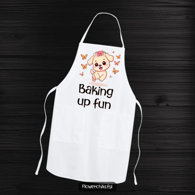 Funny Puppy Apron: A playful puppy wearing a flower crown chases butterflies while cooking, adding adorable humor to kitchen wear.
