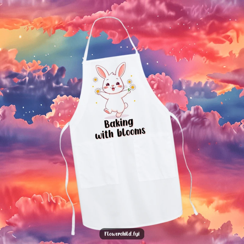Funny Apron showcasing a cheerful rabbit happily twirling with daisies around its ears, ideal for kitchen activities.