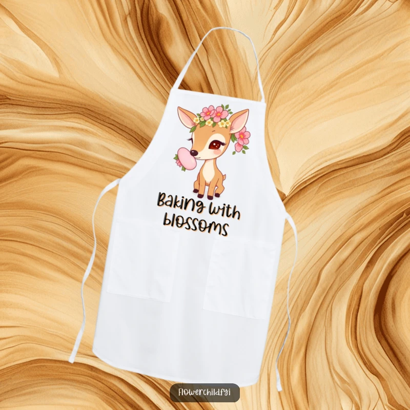 Funny kitchen apron with a curious deer wearing a flower garland, sniffing a large bloom, adding floral flair.