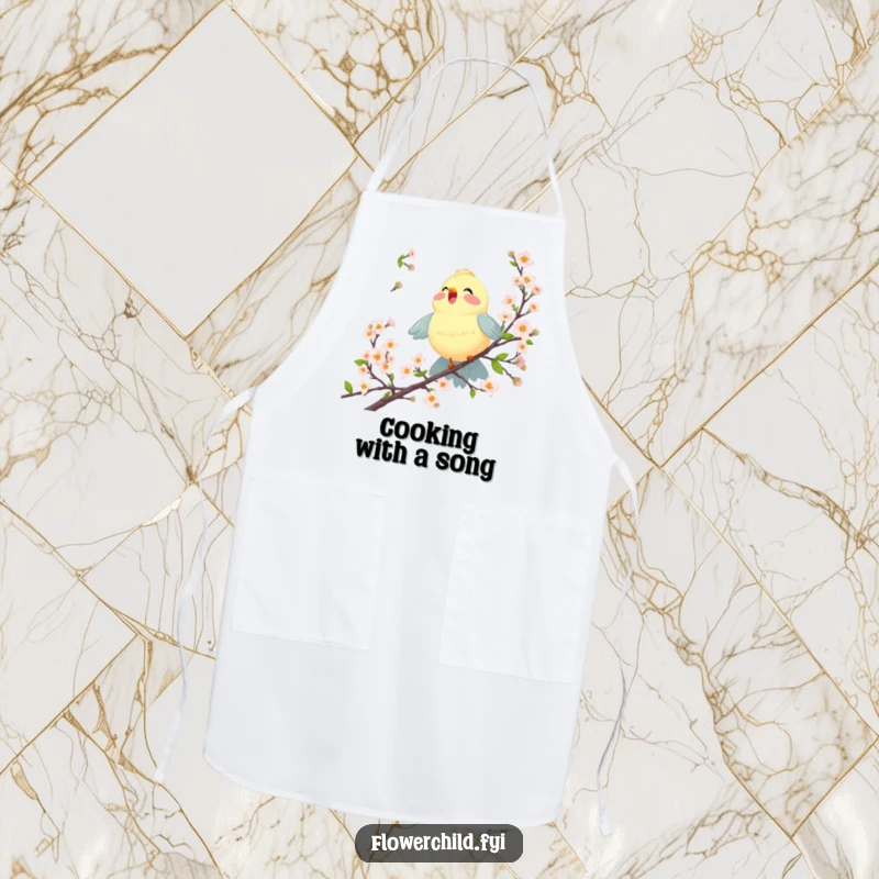 Funny apron with a joyful bird singing among blossoming branches, perfect for kitchen activities and protecting clothes.