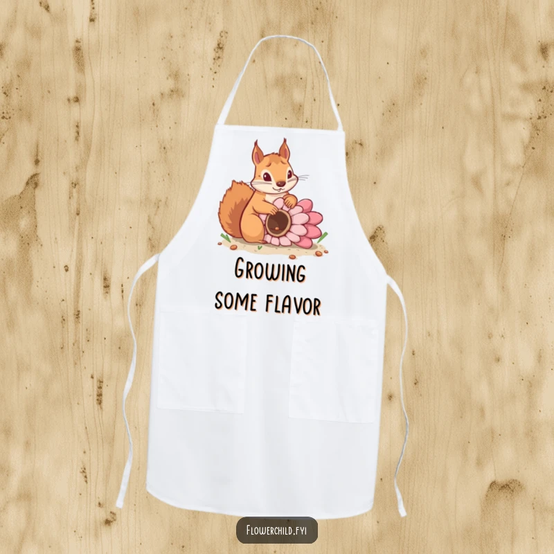 Funny apron with a determined squirrel burying a giant flower seed, ideal for gardening, cooking, and kitchen protection.