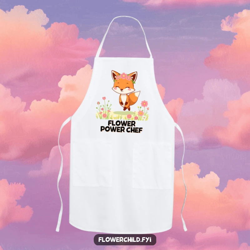 Funny Fox Flower Crown Apron: A cheerful fox wearing a flower crown happily skips through a meadow, ready for kitchen adventures.