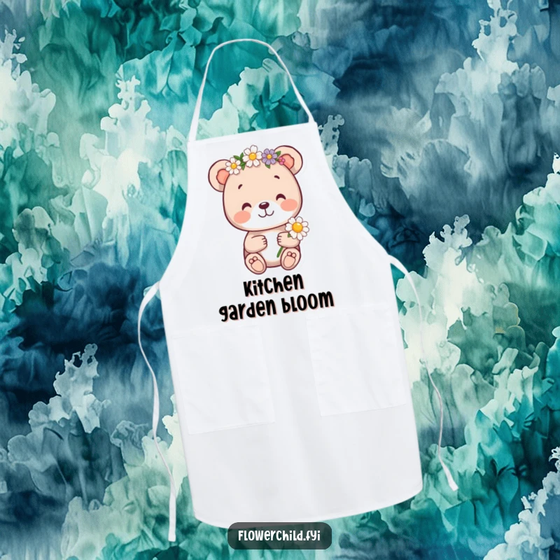 Funny bear cub apron, a cheerful bear cub with a flower crown holding a daisy, bringing woodland sweetness to the kitchen.