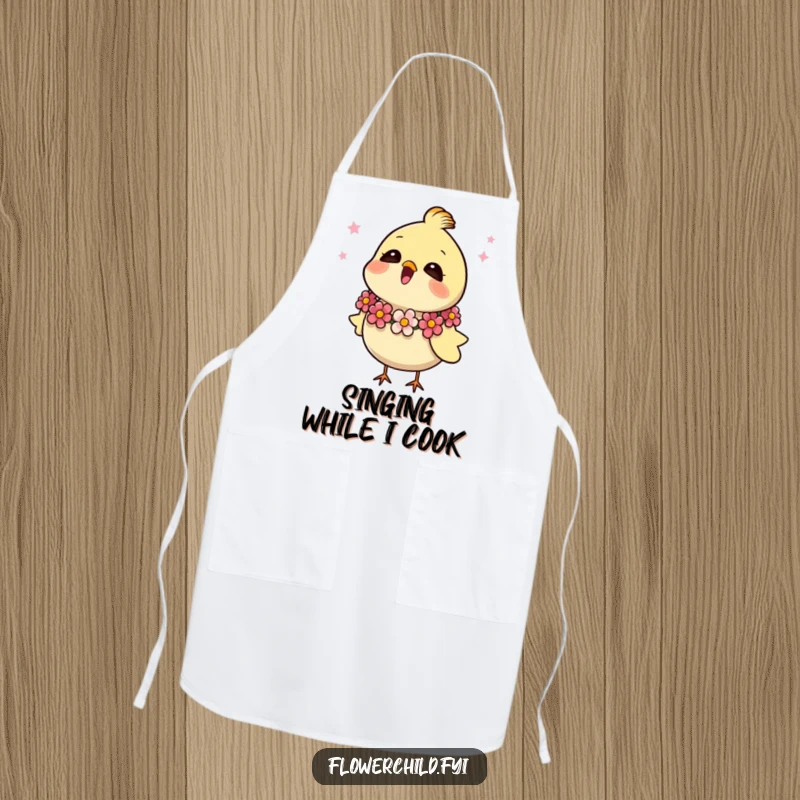 Funny cooking apron with a happy bird in a flower garland, singing while you prepare delicious meals.