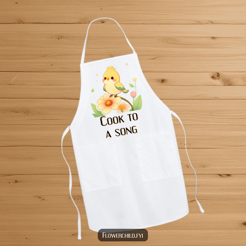 Funny happy bird character singing for a flower on a durable and humorous cooking apron.