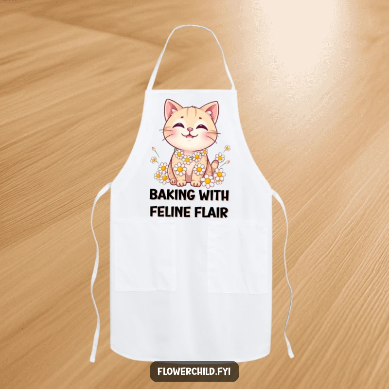 Funny Cat Daisy Chain Apron: A functional apron featuring a smiling cat adorned with a daisy chain.