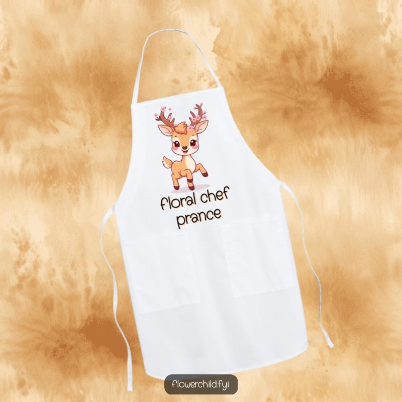 Funny smiling deer with blossoms on its antlers prancing on a durable kitchen apron, ready for culinary fun.