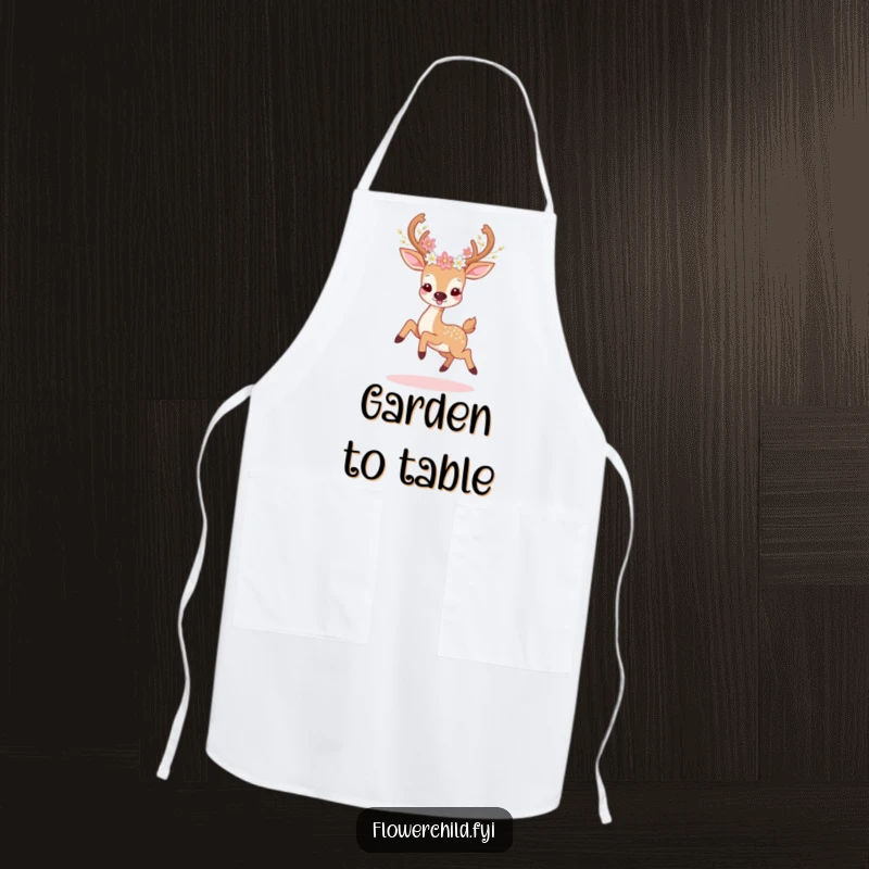 Funny deer flower apron showing a deer with flowers in its antlers prancing, adding whimsical humor to kitchen tasks.
