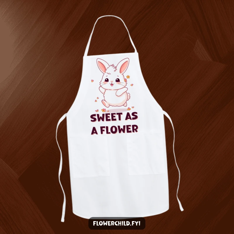 Funny Fluffy Bunny Flower Apron: A comical apron featuring a fluffy bunny with petals in its fur, skipping joyfully. Great for kitchen fun.