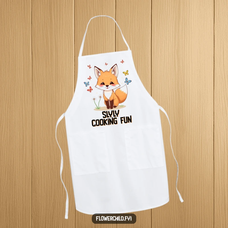 Funny fox chef's apron, a playful fox with dandelions in its fur chasing butterflies.