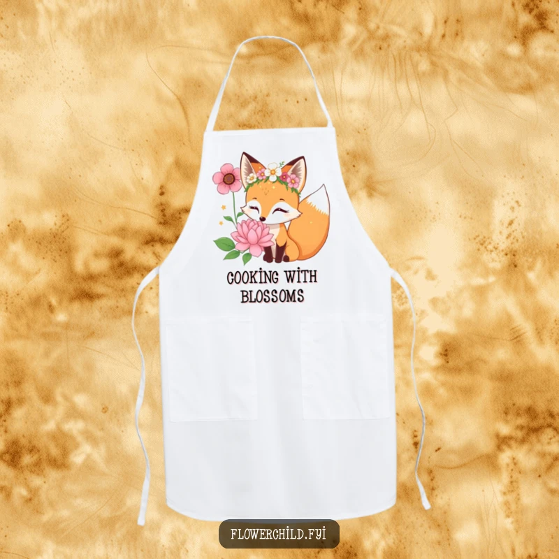 Funny curious fox character with a flower crown sniffing a giant bloom, a stylish and practical apron.
