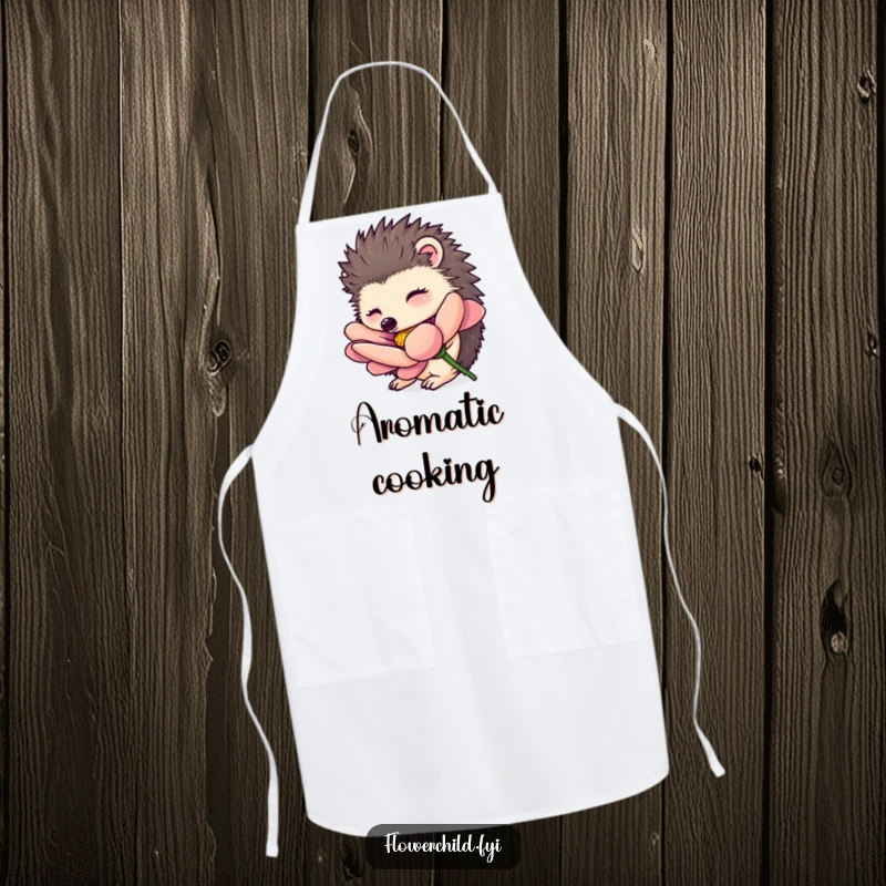Funny hedgehog apron, a curious hedgehog character smelling a vibrant oversized flower, humorous kitchen or garden wear.