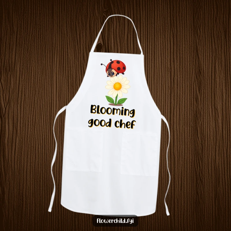Funny ladybug apron showing a curious ladybug looking at a daisy, ideal for kitchen tasks with a whimsical, nature-loving touch.