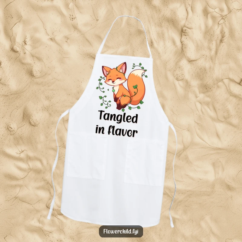 Funny fox apron, a playful fox twirling with vines entwined around its tail, bringing woodland magic to the kitchen.