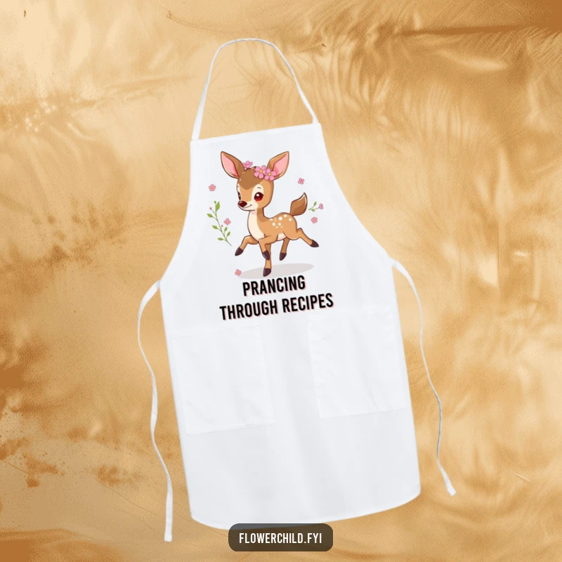 Funny prancing deer apron, a little deer with flowers in its fur, joyfully leaping, adding whimsical charm to kitchen tasks.