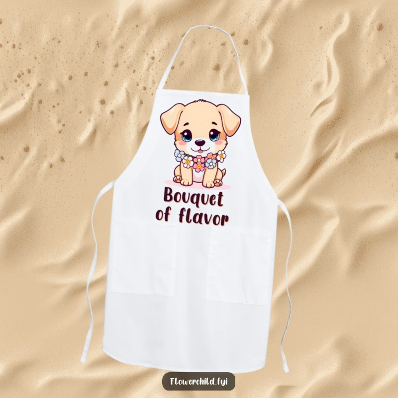 Funny puppy apron, a mischievous puppy wearing a flower garland as a scarf, humorous kitchen wear for cooking and baking.