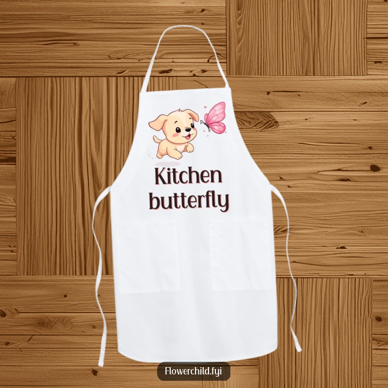 Funny Puppy Petal Butterfly Apron: A playful puppy chases a butterfly made of colorful flower petals, ready for kitchen fun.