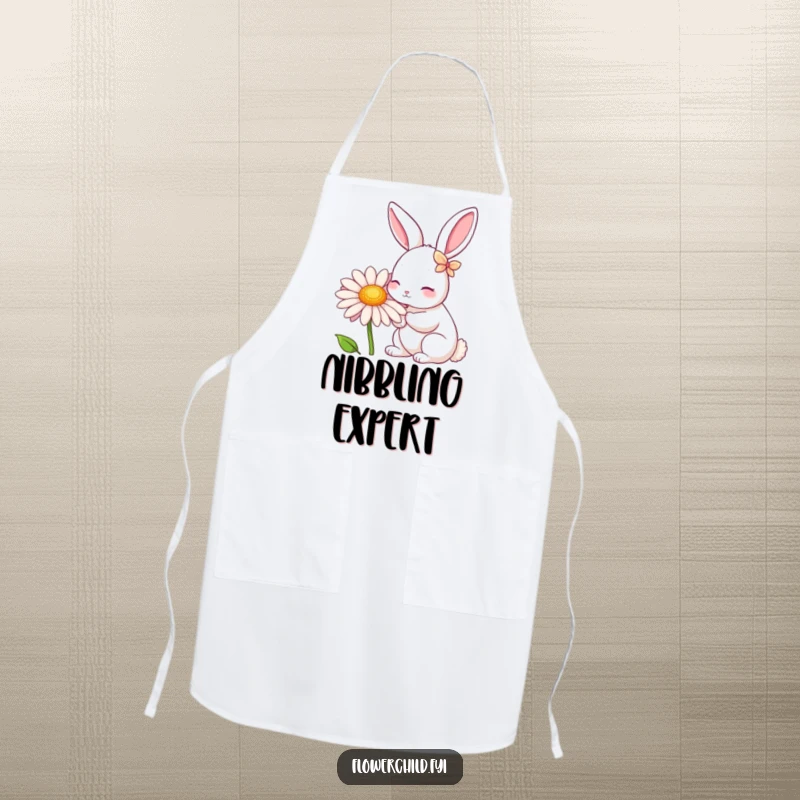 Funny Rabbit Daisy Nibbler Apron: A rabbit with petal-decorated ears nibbles a giant daisy, perfect for kitchen fun.