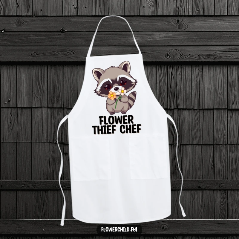 Funny raccoon flower apron showing a raccoon peeking with a flower on its mask, adding whimsical humor to kitchen tasks.
