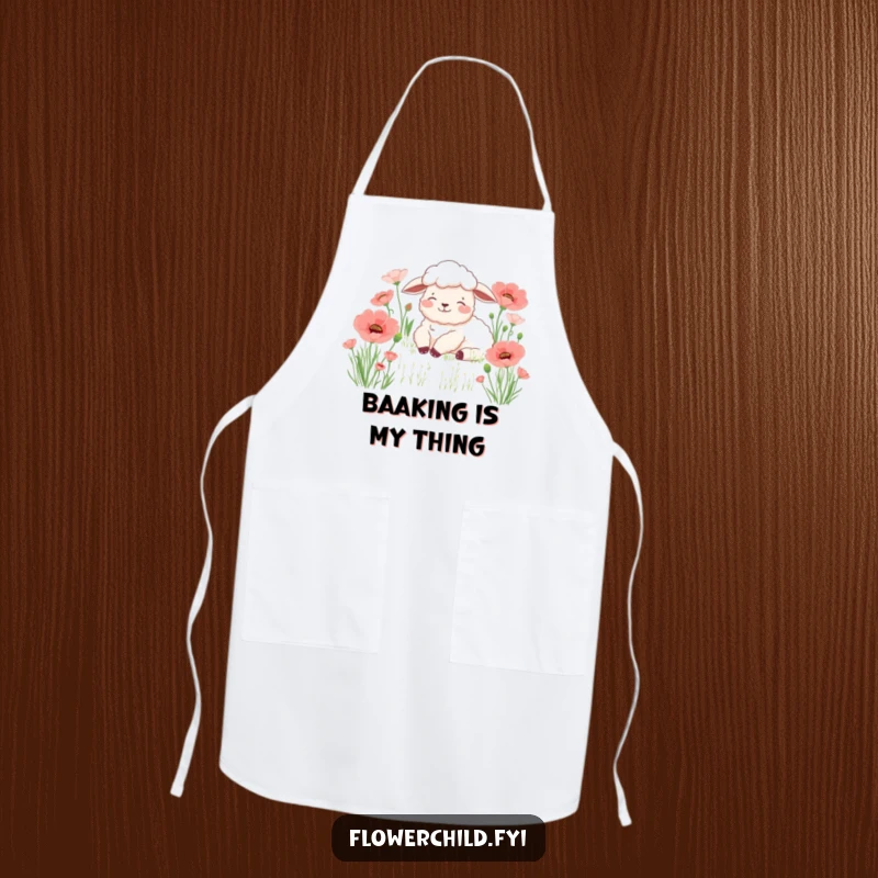 Funny sheep poppy apron, a content sheep resting peacefully in a field of blooming poppies, embodying kitchen serenity and humor.