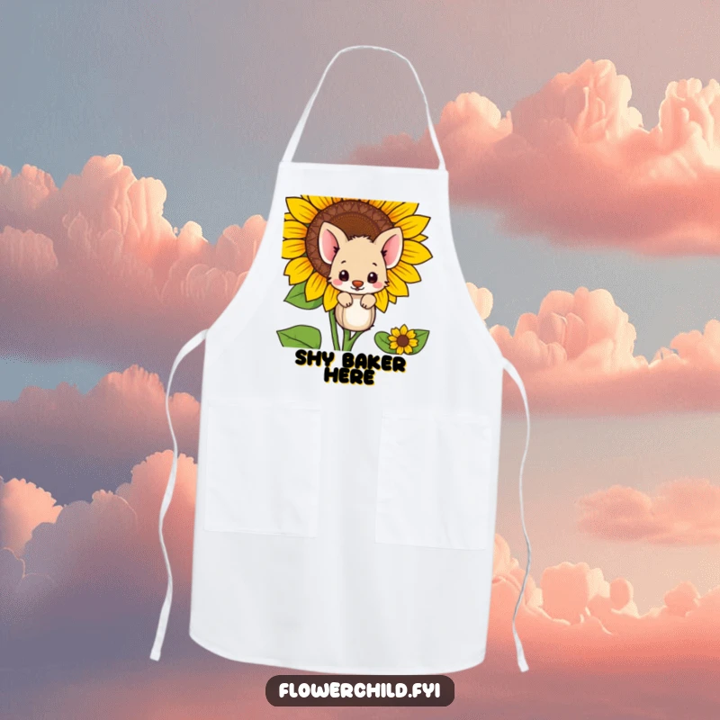 Funny shy animal peeking from behind a large sunflower, on a practical apron for kitchen tasks.