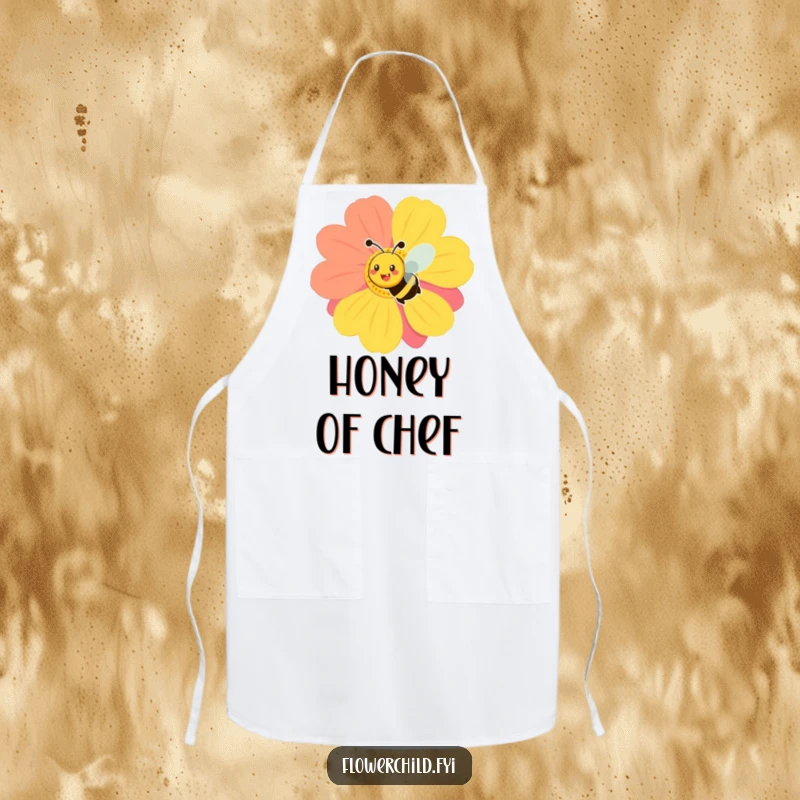 Funny apron showcasing a smiling bee in action, buzzing around a vibrant flower, perfect for cheerful kitchen tasks.