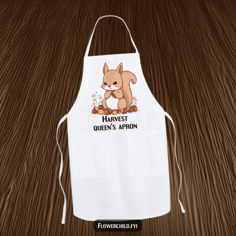 Funny kitchen apron with a content squirrel hoarding acorns and tiny flowers, ready for culinary adventures.