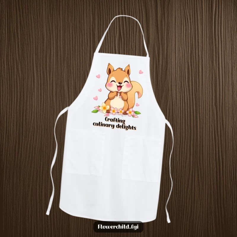 Funny apron featuring a delighted squirrel character gathering flower petals for a chain.