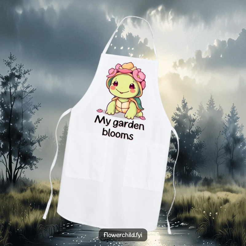 Funny smiling turtle character with a shell adorned with colorful petals, on a durable and humorous cooking apron.