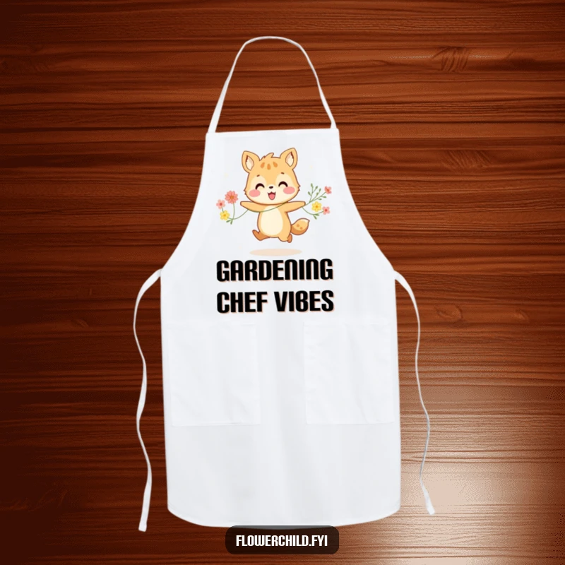 Funny apron illustration of a happy animal character joyfully skipping with a string of flowers, ready to cook with cheer.