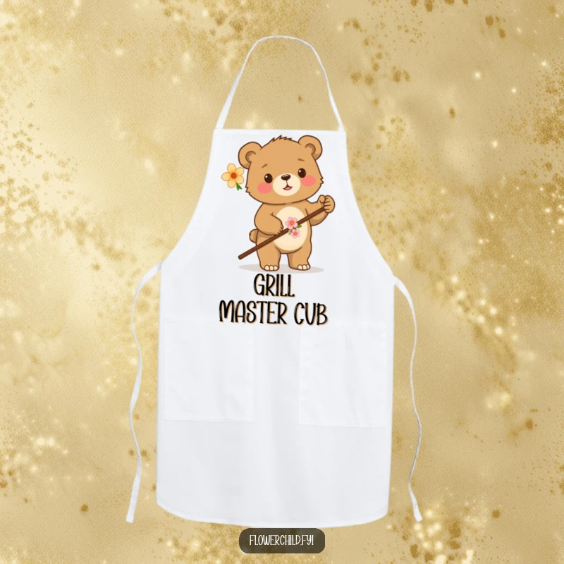 Funny apron featuring a proud bear cub with a flower-adorned walking stick, ready for kitchen adventures with a cute and charming look.
