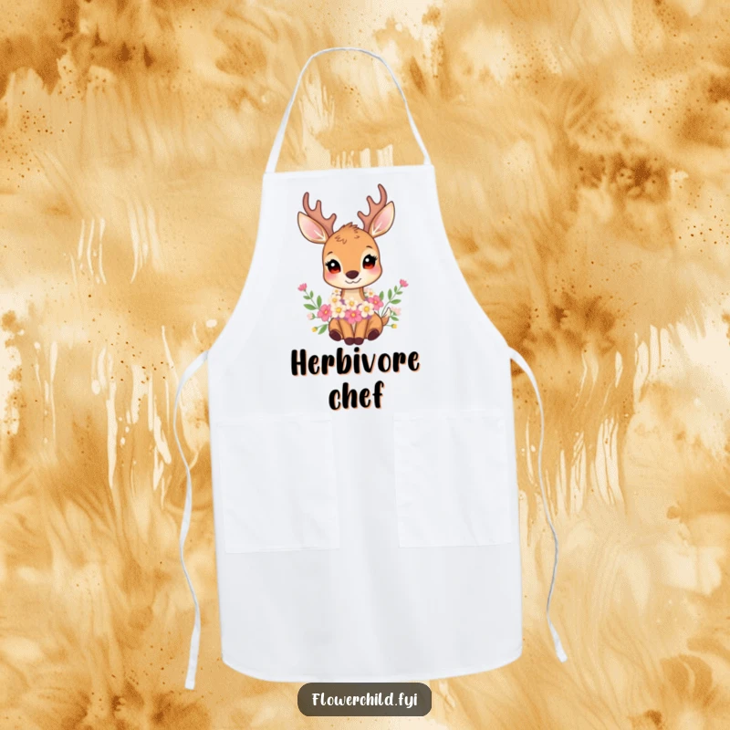 Funny apron showcasing a gentle deer with a flower garland around its neck, perfect for adding elegance to kitchen duties.