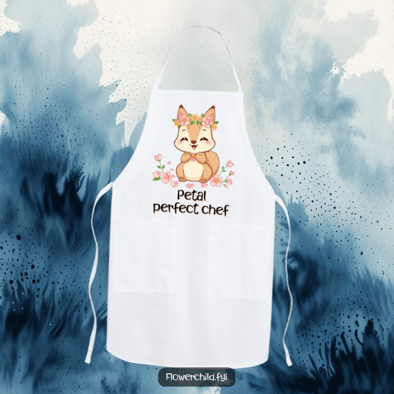Funny Apron showing a cute squirrel wearing a flower crown, happily gathering petals, perfect for kitchen adventures.