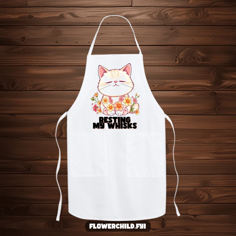 Funny Cat Flower Nap Apron: A contented cat with flowers woven into its fur naps peacefully, ready to assist in the kitchen or garden.