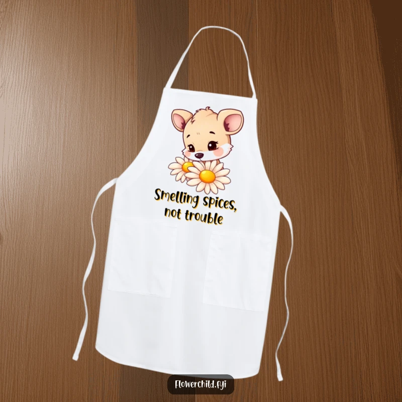 Funny apron with a curious animal character focused on sniffing a big, colorful daisy, perfect for kitchen fun.