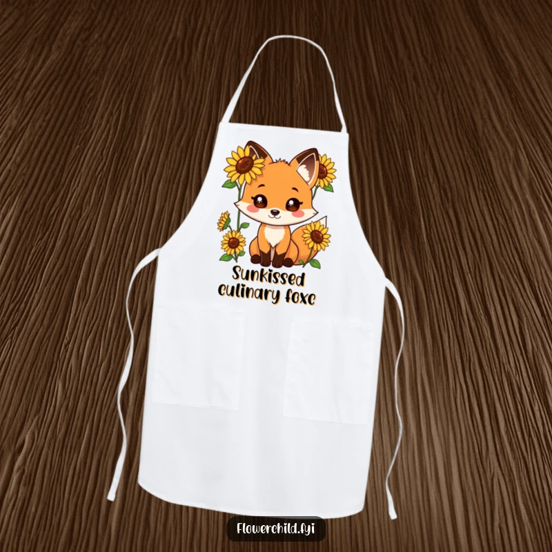Funny apron featuring a playful fox with sunflowers growing out of its fur.
