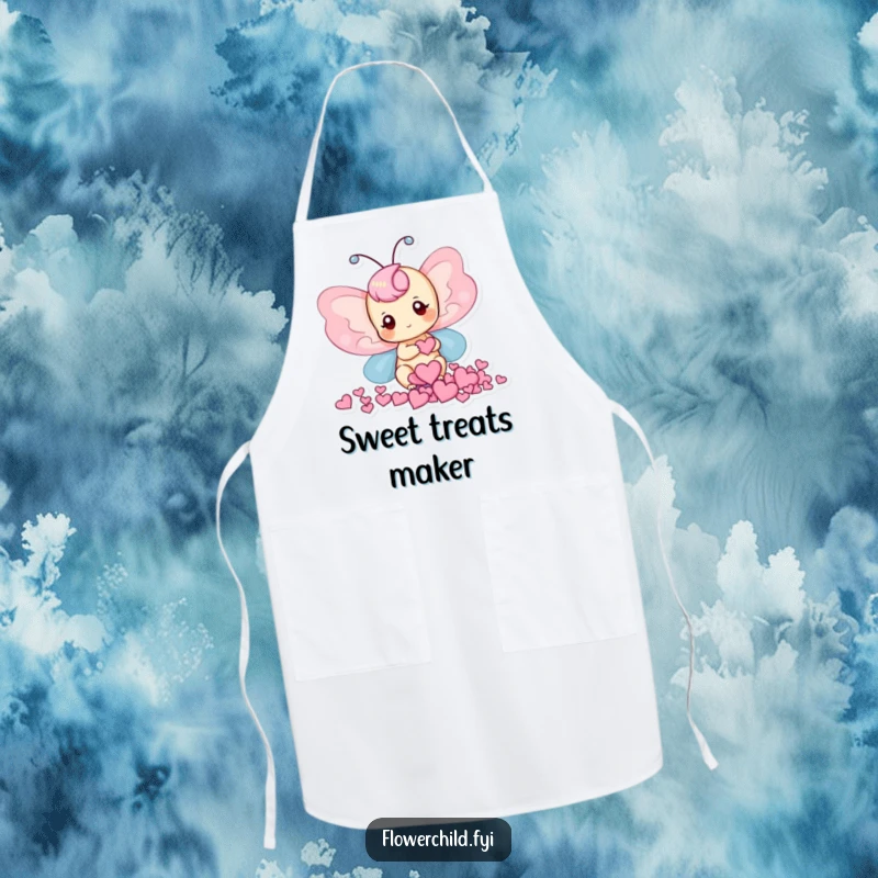 Funny apron depicting a delightful butterfly collecting tiny heart-shaped petals, perfect for sweet culinary creations.