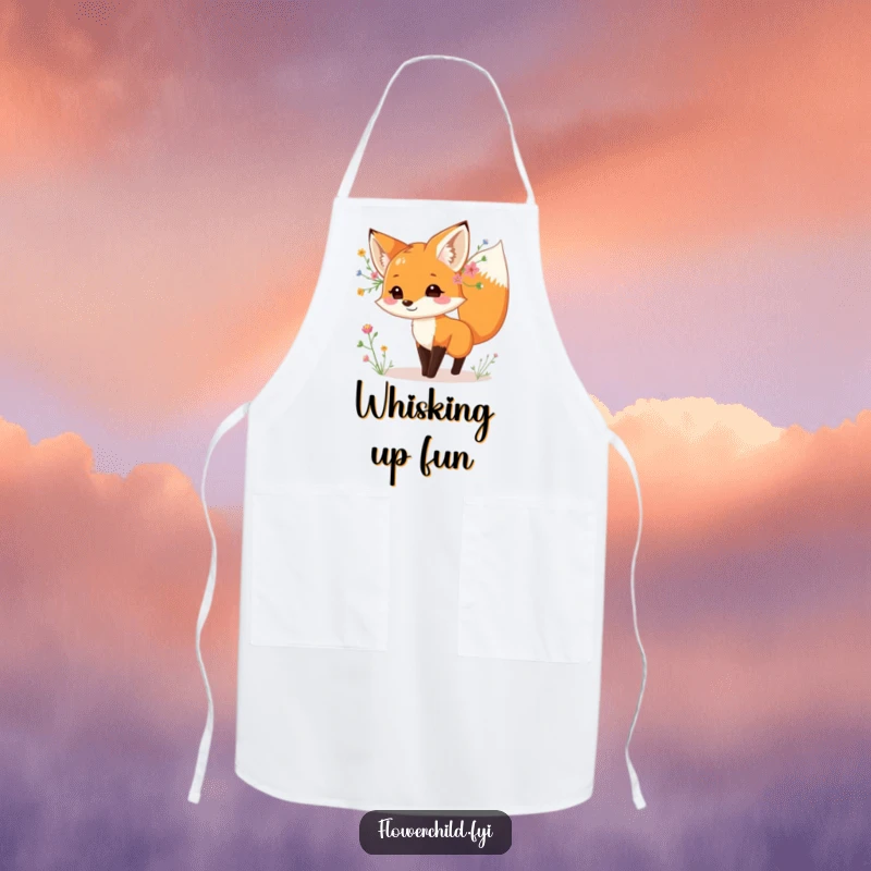 Funny fox apron, with wildflowers behind its ear, dancing playfully, great for kitchen use, adds humor, perfect funny gift.