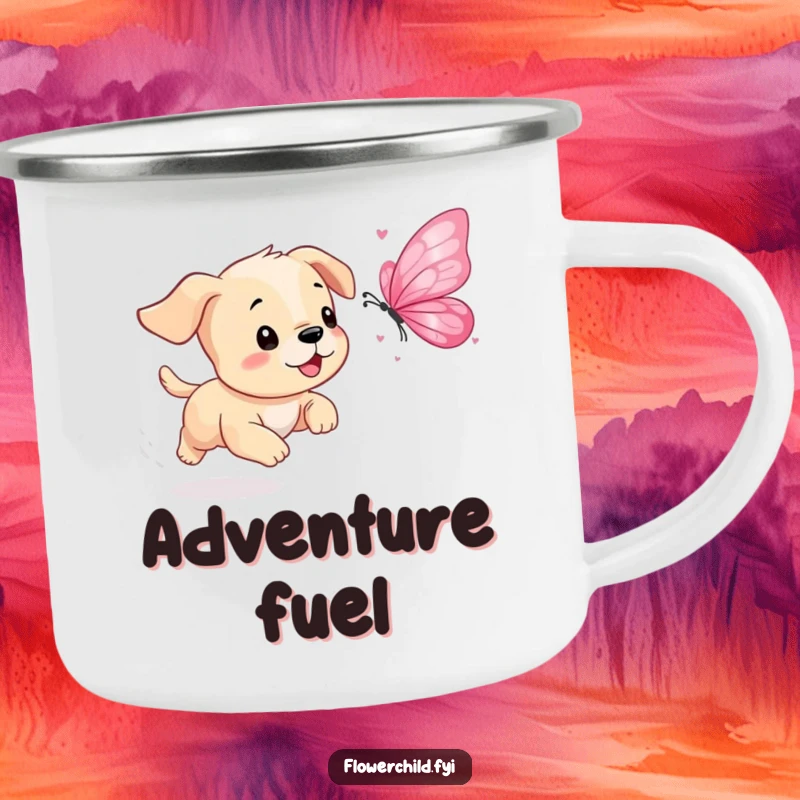 Funny Puppy Petal Butterfly Camping Mug: A playful puppy chases a butterfly made of petals, designed for outdoor enjoyment.