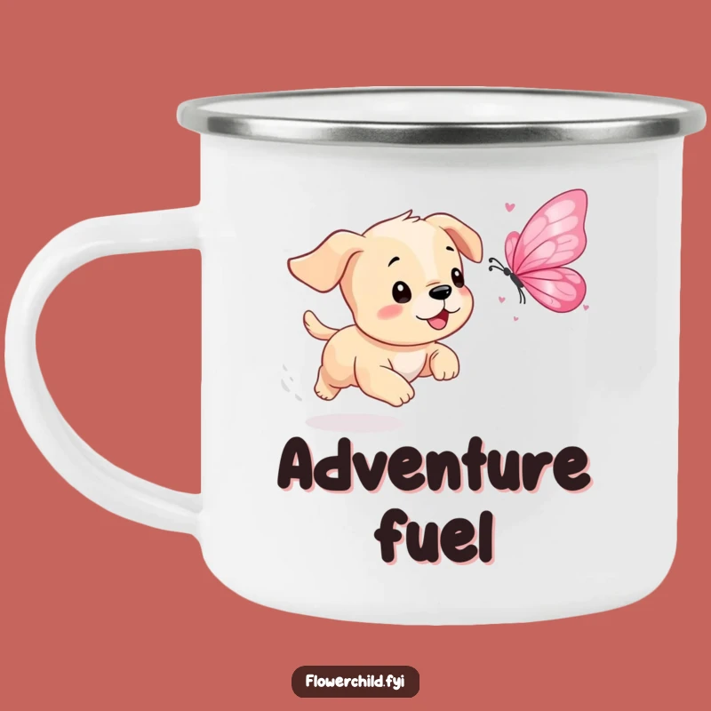 Funny Puppy Petal Butterfly Camping Mug: Playful Chase, Durable Funny Gift for Outdoors