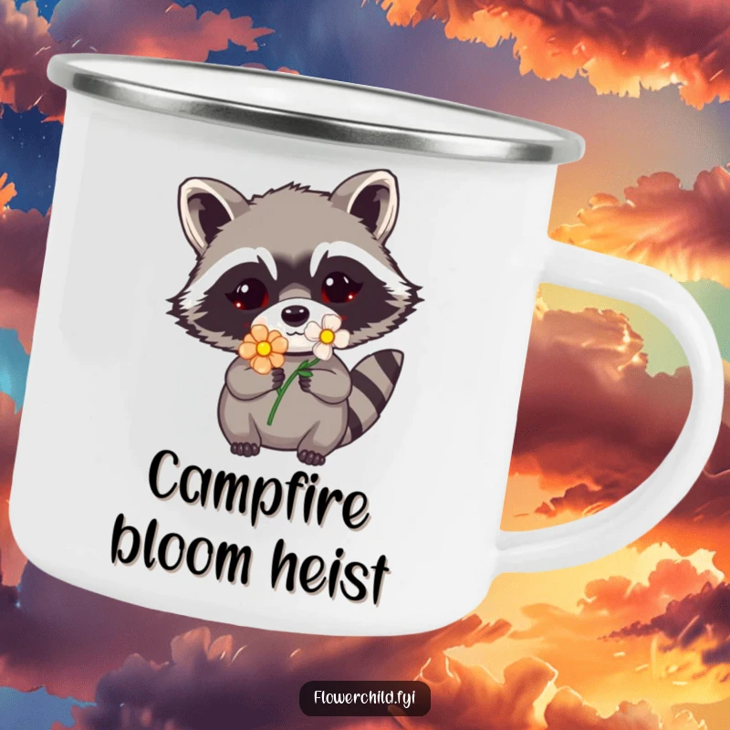 Funny raccoon flower camping mug with a raccoon peeking with a flower on its mask, ready for woodland fun and laughs.