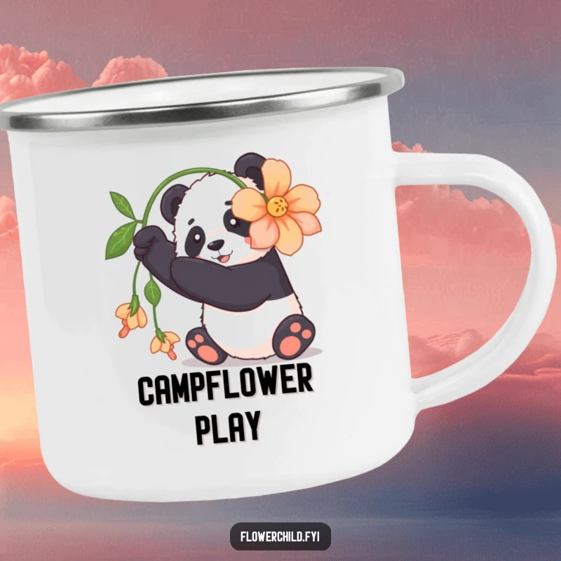 Funny panda camping mug showing a cuddly panda playfully batting at a large, dangling flower, a cute companion.