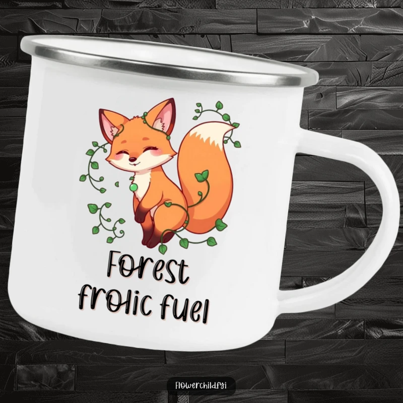 Funny fox camping mug, a playful fox twirling with vines entwined around its tail, ideal for outdoor enthusiasts.