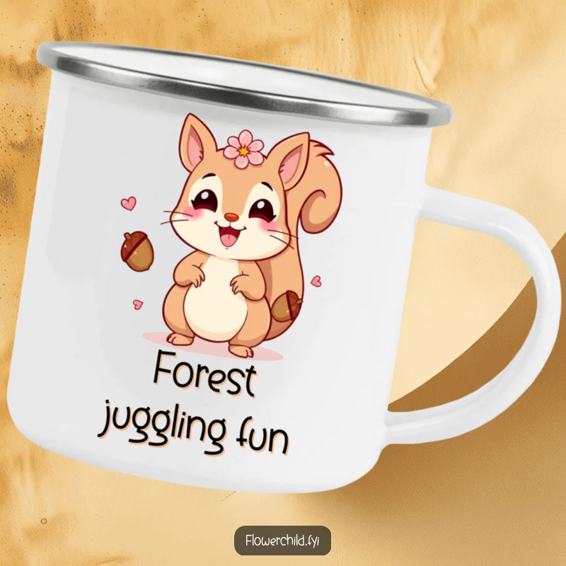 Funny Squirrel Petals Camping Mug: A squirrel with petals juggling acorns, perfect for funny outdoor sips.