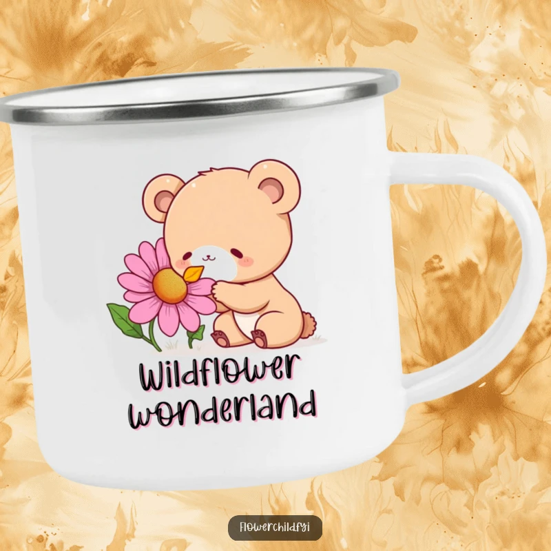 Funny Camping Mug featuring a curious bear cub delightedly sniffing a giant, colorful wildflower, perfect for outdoor drinks.