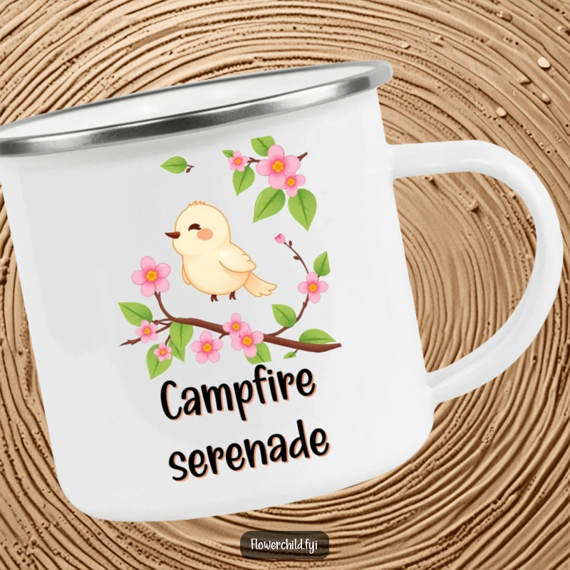 Funny camping mug featuring a serene bird perched on a blooming vine, singing joyfully.