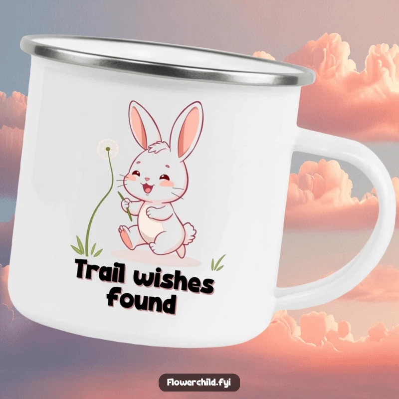 Funny bunny camping mug showing a playful bunny chasing a dandelion seed, designed for use outdoors with a touch of whimsical fun.