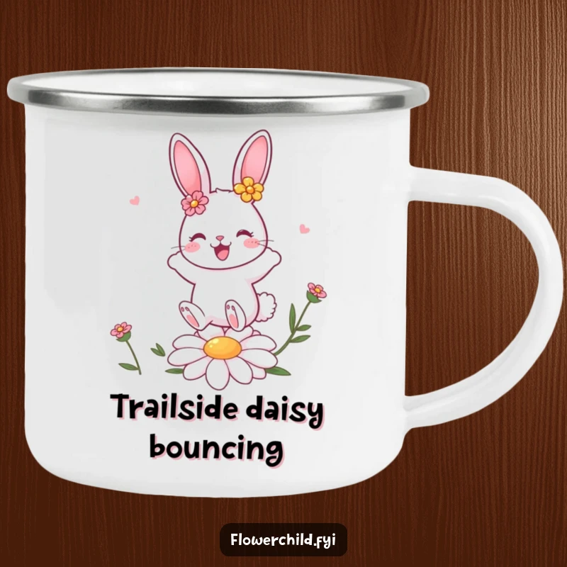 Funny bunny character with flower decorations bouncing on a daisy, a sturdy mug for camping and adventure.
