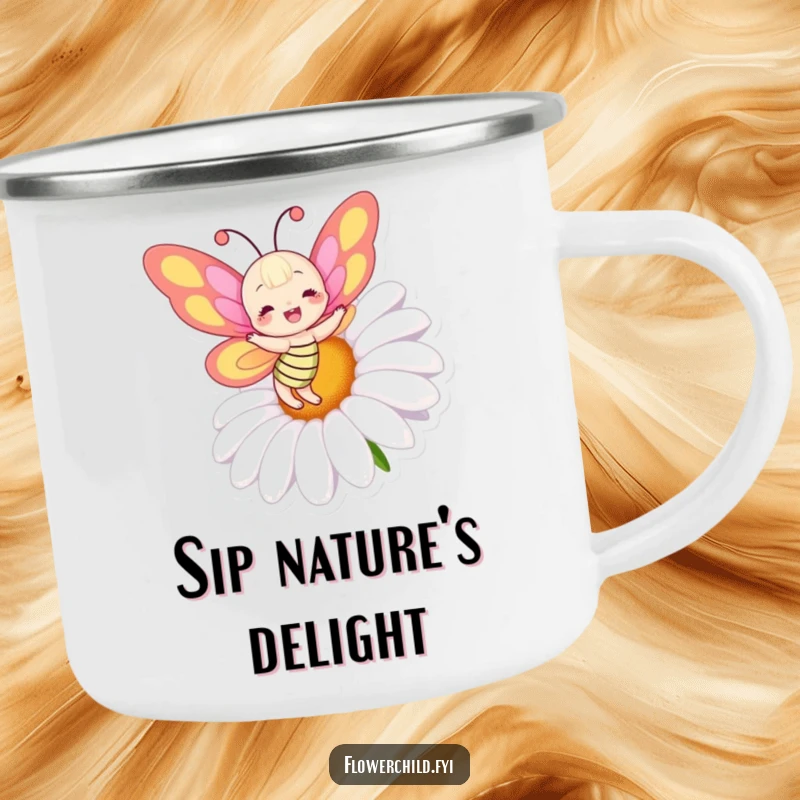 Funny camping mug featuring a joyful butterfly with colorful wings dancing merrily around a giant daisy.