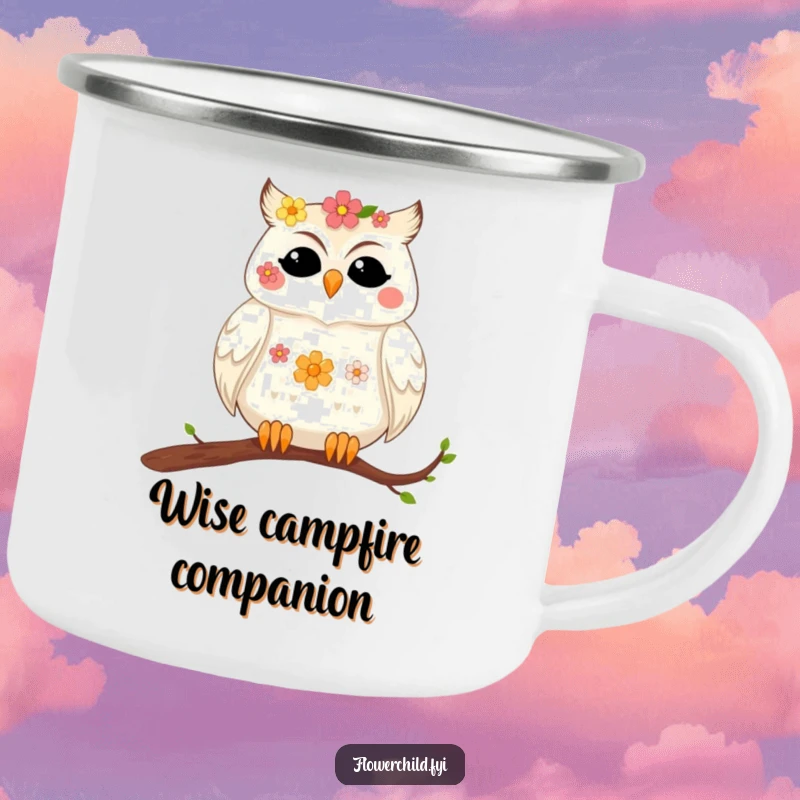 Durable, funny camping mug of a contented owl with flowers in its feathers resting on a branch, great for peaceful moments.